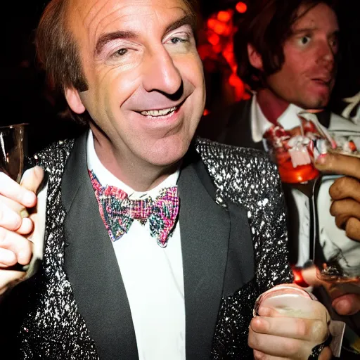 Prompt: close-up photo of Saul Goodman drunk in a disco