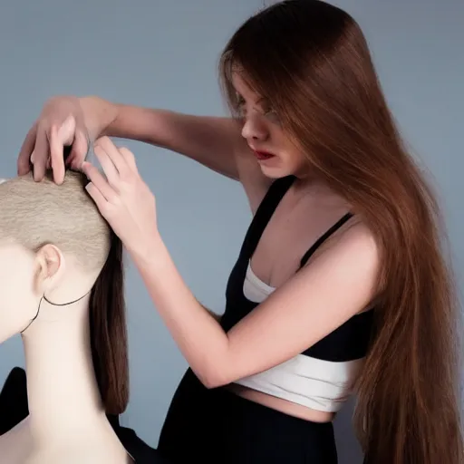 Prompt: fashion model being taken apart like a mannequin realistic studio photo