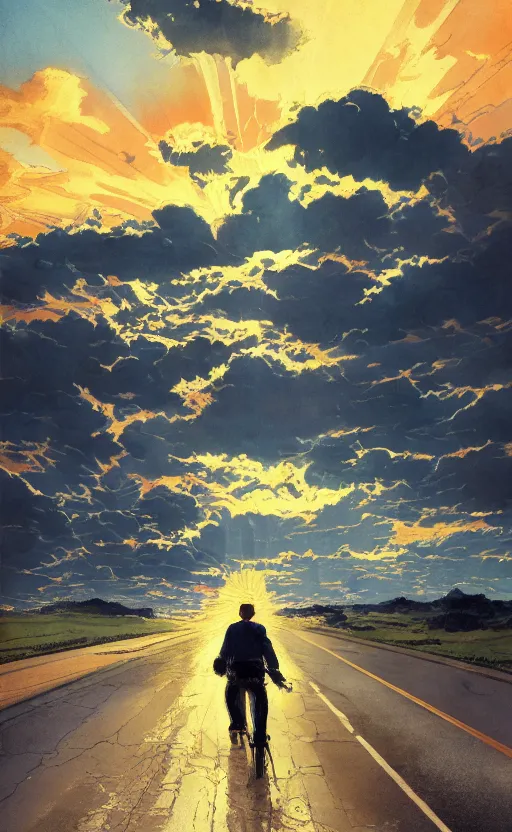 Image similar to paperback book cover by kim jung gi. 1 9 5 0 s. pure colors, melting clouds, accurately drawn details, a sunburst above a receding road with the light reflected in furrows and ruts, after rain. photorealistic. octane render. cinematic. trending on artstation. textless.