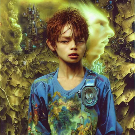 Prompt: realistic detailed image of an 8 years old boy standing in front of a pc computer from 90s by Ayami Kojima, Amano, Karol Bak, Greg Hildebrandt, and Mark Brooks, Neo-Gothic, gothic, rich deep colors. Beksinski painting, part by Adrian Ghenie and Gerhard Richter. art by Takato Yamamoto. masterpiece