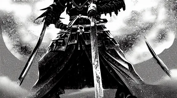 Image similar to Albedo Overlord in samurai pose holding katana | Somber moon | wet Dungeon Chamber | Big Moon at Night | strong blue rimlit | visual-key | anime illustration | highly detailed