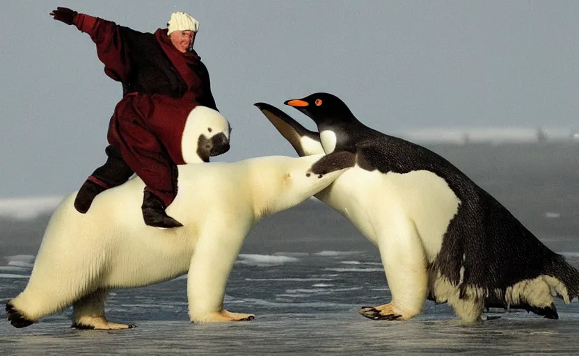 Image similar to A penguin riding a polar bear, in an epic medieval battle