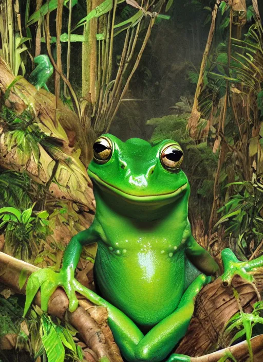 Image similar to a beautiful matte painting of a green frog in the jungle, kambo