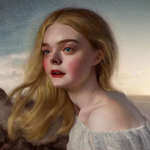 Prompt: Elle Fanning in Santorini at night, head and shoulders portrait, stormy weather, extremely detailed masterpiece, Roger Deakin’s cinematography, illustration, by Norman Rockwell,