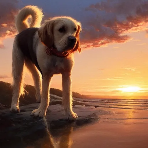 Image similar to a cute dog and a white sneaker shoe with its laces undone, highly detailed, hyperrealistic, sunset in the background, rays of golden sunlight, oil painting by greg rutkowski and artgerm and wlop