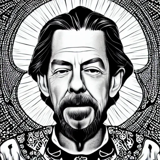 Prompt: alan watts in the style of alex grey