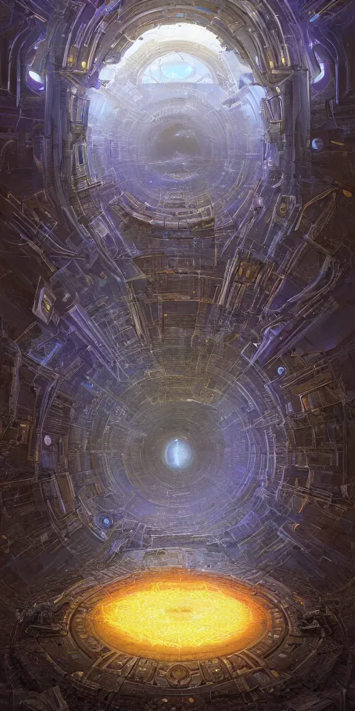 Image similar to a centered realistic render of a post apocalyptic portal surrounded by glowing fractal s and sacred geometry, by beeple, by donato giancola