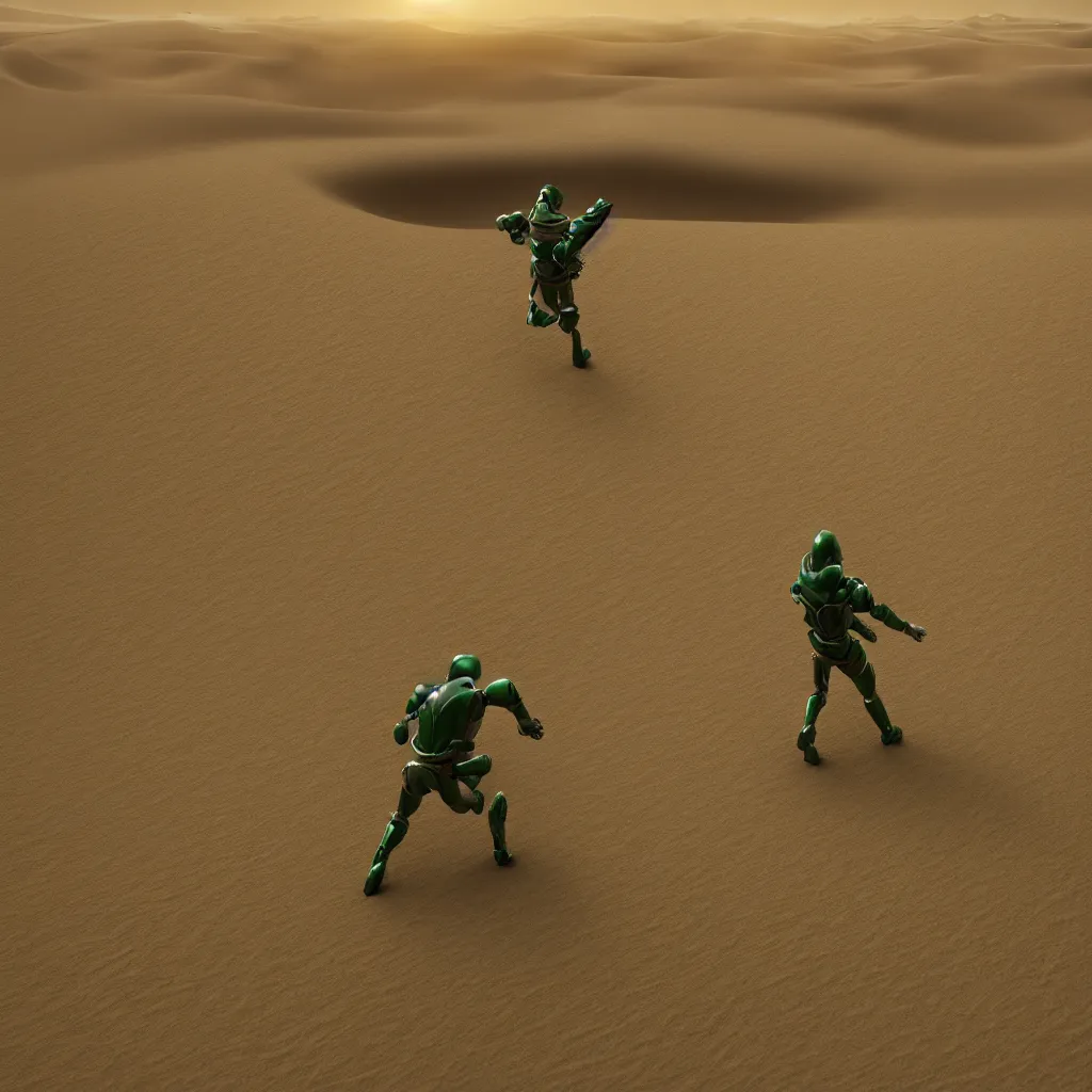 Prompt: https://s.mj.run/syHUBvfwwwI [david and goliath in green armor] [clash on a battlefield], [desert dunes], wide angle shot, depth of field, ultra-high details, artstation trending, octane render, unreal engine, 8k, photography