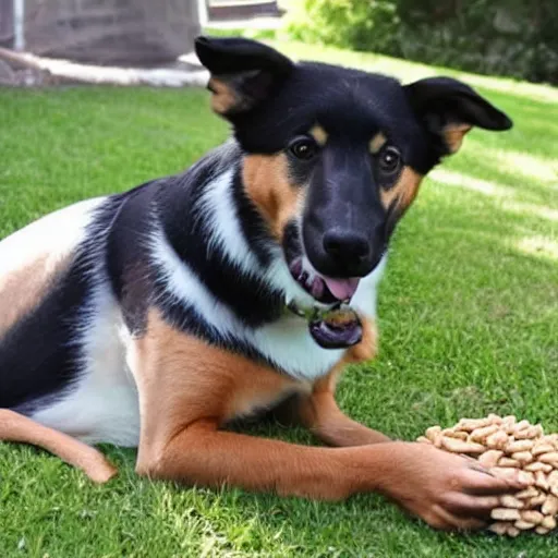 Prompt: dog that has normal human legs for legs, eating wheat treats,