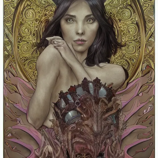 Prompt: portrait of the dragon queen by artgerm and H R Giger and alphonse mucha, Dragon in dragon lair, HD, full body dragon concept, flying dragon, Human body with dragon features, beautiful queen, perfect face, fantasy, intricate, elegant, highly detailed, digital painting, artstation, concept art, smooth, sharp focus, illustration, ray tracing, 4k realistic 3d rendered portrait, soft shading, soft colors, relaxed colors, hyperdetailed, wide angle lens, fantasy, futuristic horror, armor style of giger