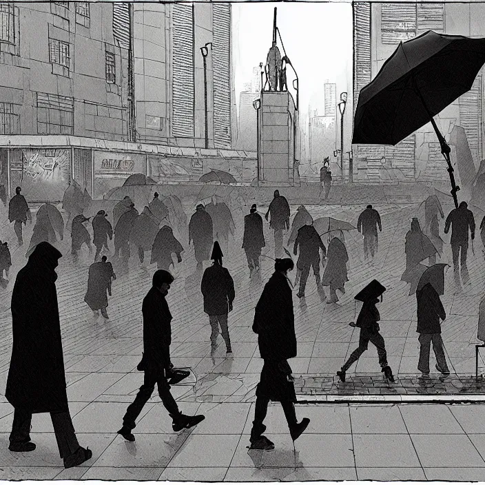 Image similar to sales stall selling umbrellas, in a square, pedestrians walk past. background of old soviet monument. storyboard, scifi cyberpunk. by gabriel hardman, joe alves, chris bonura. cinematic atmosphere, detailed and intricate, perfect anatomy