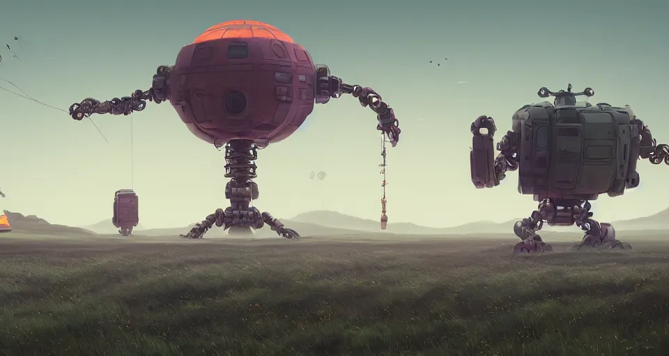 Prompt: Landscape with a GIANT MECHANICAL SHRIMP, looming over the landscape, robot shrimp, cinematic, rendered by simon stålenhag, rendered by Beeple, Makoto Shinkai, syd meade, inspired by Gundam, environment concept, digital art, unreal engine, 3 point perspective, WLOP, trending on artstation, low level, 4K UHD image, octane render,
