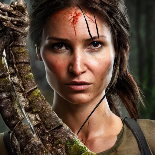 Prompt: lara Croft trapped, alien facehugger on her face, wide shot, realistic, forest, 8k resolution, hyperdetailed, highly detailed, real life, studio lighting, high quality, photo