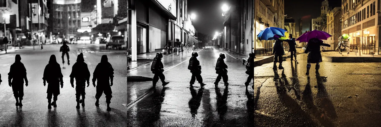 Prompt: Day after raining, a group of ((ninja turtles)) go about walking the streets at night. Photojournalism, dramatic lighting, matte, photorealism