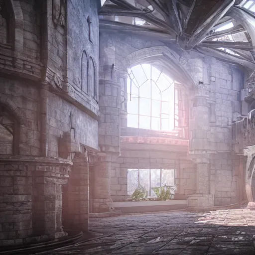 Image similar to ultra mega super hyper realistic Digital concept interior design of castle in futuristic style mixed with medieval style. More cyberpunk less medieval. Natural white sunlight from the transperient roof. Rendered in VRAY and DaVinci Resolve and MAXWELL and LUMION 3D, Volumetric natural light