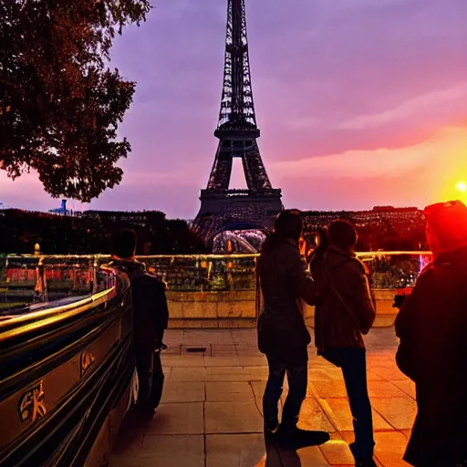 Image similar to eiffel tower at sunset with chinese tourists everywhere, chinese advertising on eiffel tower- comic book style