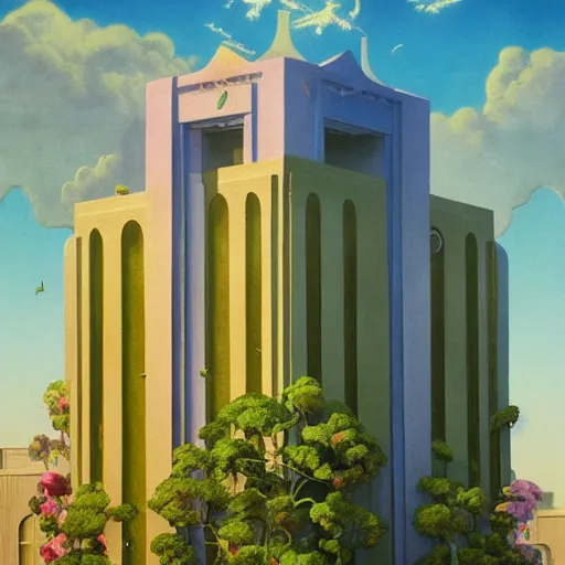 Image similar to a painting of an art deco building surrounded by flowers, a watercolor and matte painting by beeple and rhads and maxfield parrish, cgsociety, artdeco, dystopian art, sci - fi, artstation hq