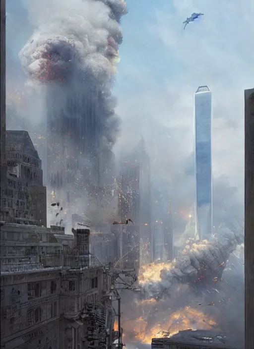 Image similar to hyper realistic 9 / 1 1 attacks, atmospheric beautiful details, strong composition painted by kim jung giu weta studio rutkowski, james gurney and greg rutkowski, and lucasfilm