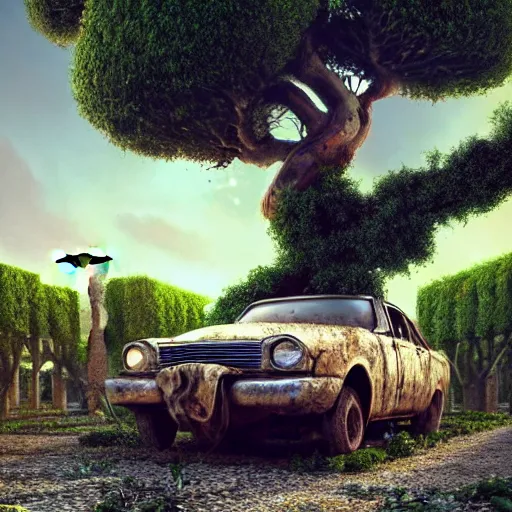 Image similar to a tree growing on a scrap car in ancient greek ruins, gray wasteland, many scrap cars, overgrown, pillars and arches, colorful flowers, vines, hyperrealistic, highly detailed, cinematic, ray of golden sunlight, beautiful, cgsociety, artstation, 8 k, pixar style by tristan eaton, artgerm, tom bagshaw