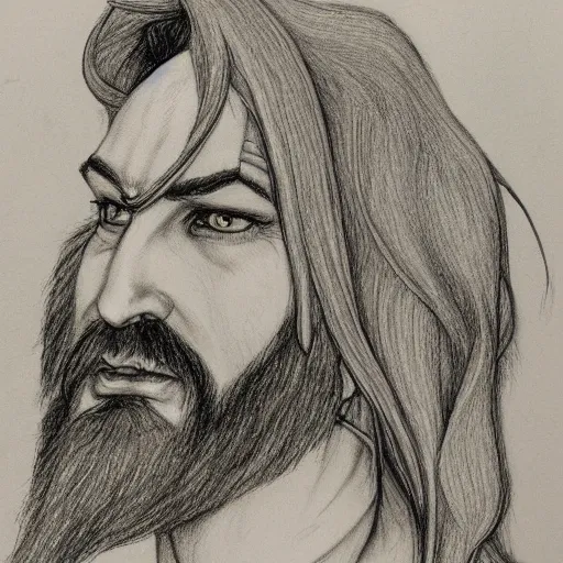 Prompt: bearded male druid gray skin pointy ears with vines as hair detailed fantasy pencil drawing