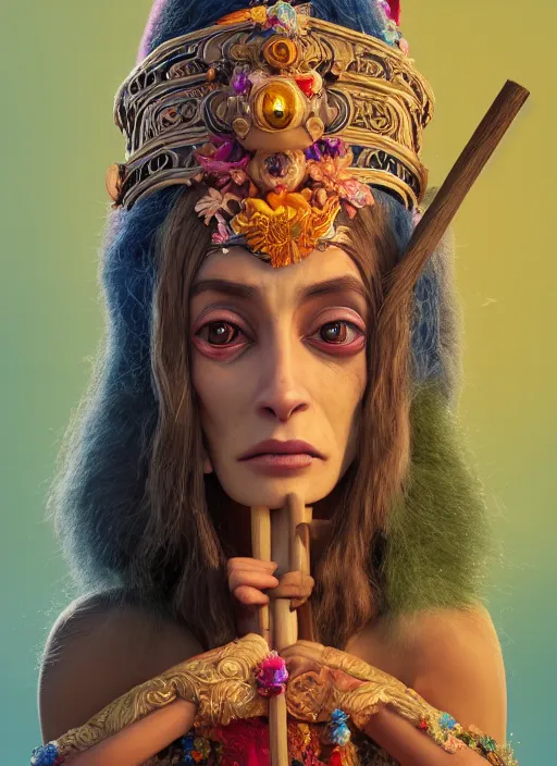 Image similar to an anthropomorphic beautiful goddess female wizard made of gorilla portrait holding a broom stick wearing colourful robe, fine art, award winning, intricate, elegant, sharp focus, octane render, hyperrealistic, cinematic lighting, highly detailed, digital painting, 8 k concept art, art by jamie hewlett and z. w. gu, masterpiece, trending on artstation, 8 k