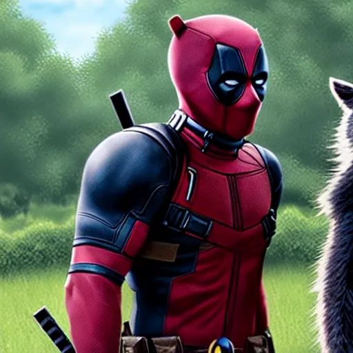 Image similar to deadpool and rocket raccoon together 4 k detailed super realistic