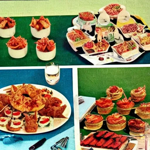 Prompt: party food, photo from a 1970s recipe book