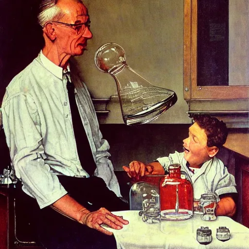 Image similar to male scientist holding a beaker next to a church altar with a child on it, painting by norman rockwell