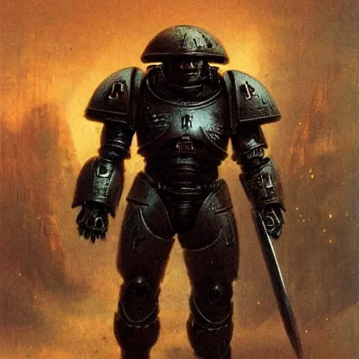 Image similar to space marine in dark plated armor concept, wearing ancient war helm, beksinski