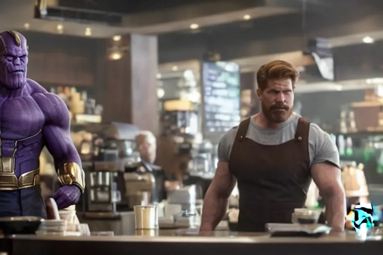 Image similar to a film still of thanos working as a starbucks barista in an upcoming movie, 4 k