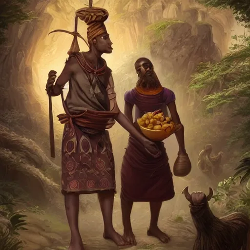 Image similar to 18 year old man in ancient Canaanite clothing holding a plate of rotten fruit standing next to A 22 year old man in ancient Canaanite clothing carrying a beautiful goat.digital art by Dan Mumford and Peter Mohrbacher, highly detailed, trending on ArtStationHQ