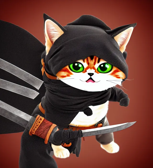 Image similar to a high detail shot of a cute chibi ninja cat wearing rags, holstering sword, realism, 8 k, fantasy,