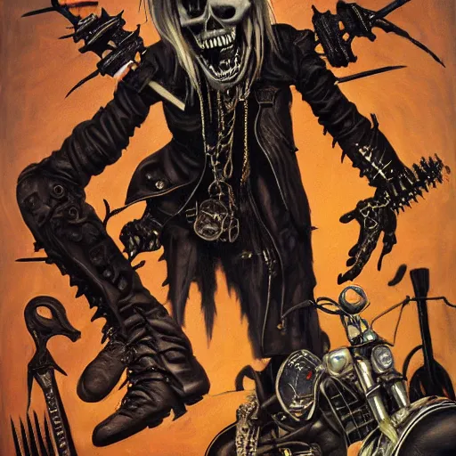 Image similar to a portrait of the grim reaper as a punk rocker, punk, skeleton face, mohawk, dark, fantasy, leather jackets, spiked collars, spiked wristbands, piercings, boots, guitars, motorcycles, ultrafine detailed painting by frank frazetta and vito acconci and takeshi obata, detailed painting