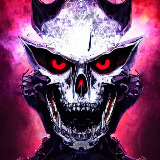 Prompt: a dark matter schizophrenia sphare limbo digital art angry portrait demon in iron armor with diamonds sits on the black throne of death and looks with red eyes into the darkness against the background of a bright red sun