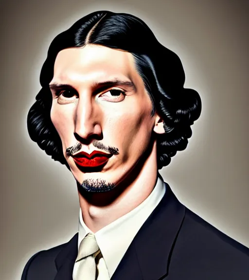 Prompt: a high fashion portrait of adam driver by jon whitcomb and gil elvgren and albrecht anker and sydney prior hall, hyperrealism