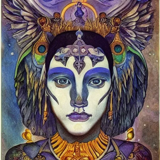 Image similar to the bone crown, the crown of wings, by Annie Swynnerton and Nicholas Roerich and Diego Rivera, bioluminescent skin, tattoos, elaborate costume, geometric ornament, symbolist, cool colors like blue and green and violet, smooth, sharp focus, extremely detailed