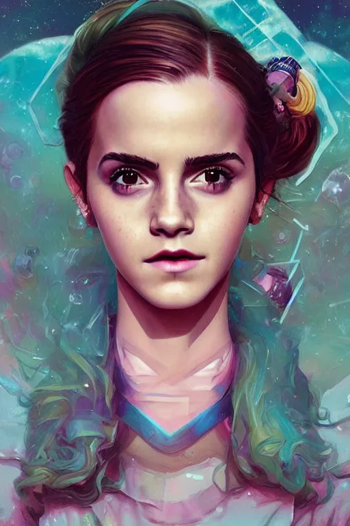 Prompt: emma watson portrait of a vaporwave girl in a cluttered 9 0 s bedroom, by artgerm, tom bagshaw, gerald brom, vaporwave!, vaporwave colors!, lo fi colors, lo fi, 4 k, hd,