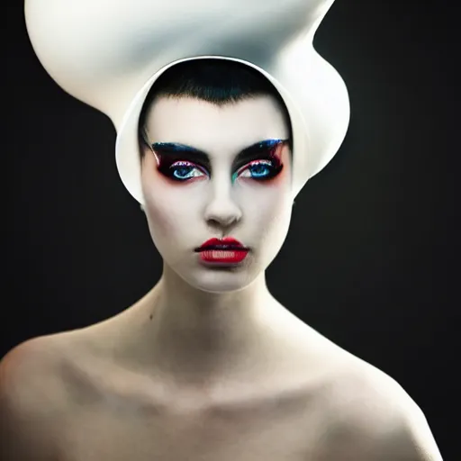 Image similar to high fashion photography of a model in neo futurism white sci - fi makup, a huge white snail on her head, transparent cloth, beautifully lit