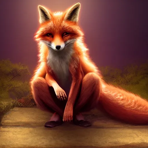 Image similar to an anthropomorphic fox wearing a t-shirt and leans, sitting on a couch, 8k resolution matte fantasy painting, cinematic lighting, DeviantArt, Artstation