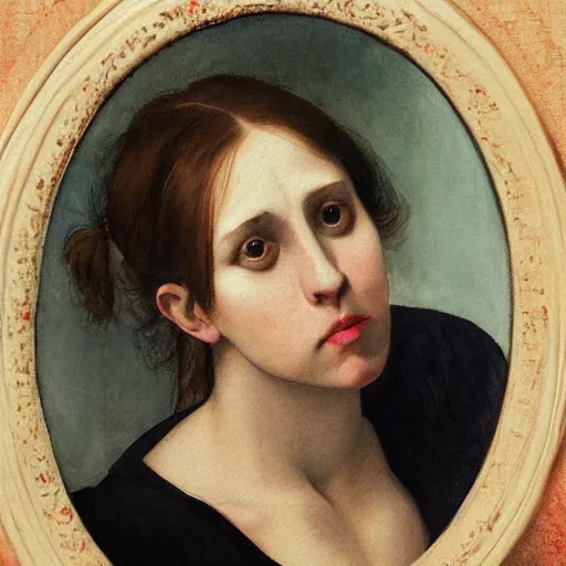 Image similar to colored portrait. a very unique watercolor painting profile, 3 / 4, medium shot. a straight and long nose, and huge prominent eyes. she is looking at the mirror and crying. old photograph. sharp image. academicism, highly detailed, color harmony, art station, ornate, caravaggio style. old photography