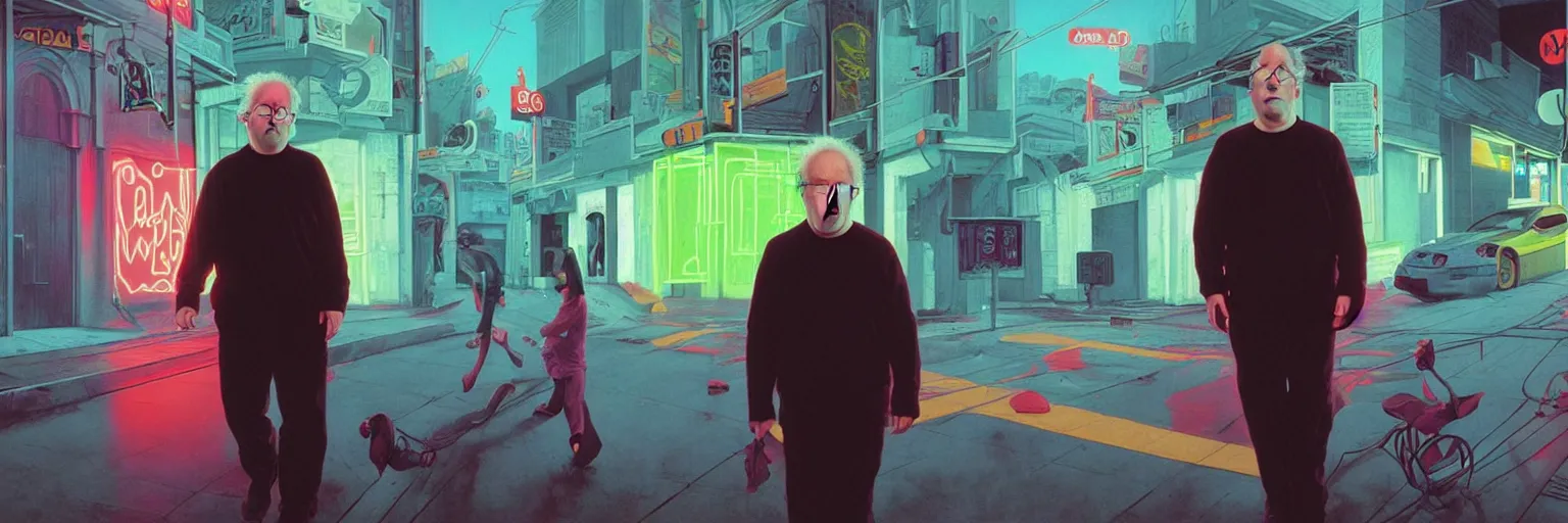 Image similar to weird and disturbing portrait of todd solondz running scared in the streets of tel aviv, vivid colors, neon, art by gregory crewdson and artgerm and wlop and william - adolphe bouguereau