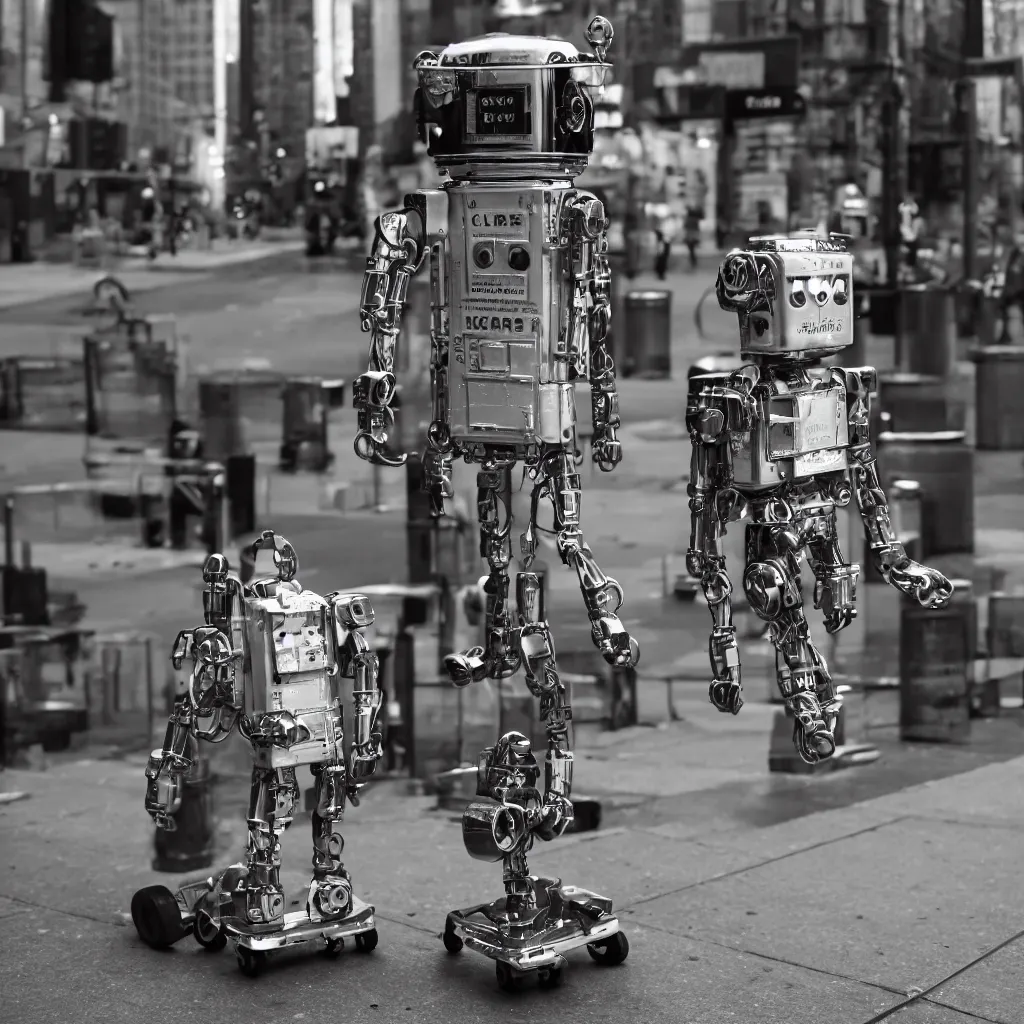 Image similar to a tin can robot with luggage in new york, Carl Zeiss 85mm lens, bokeh