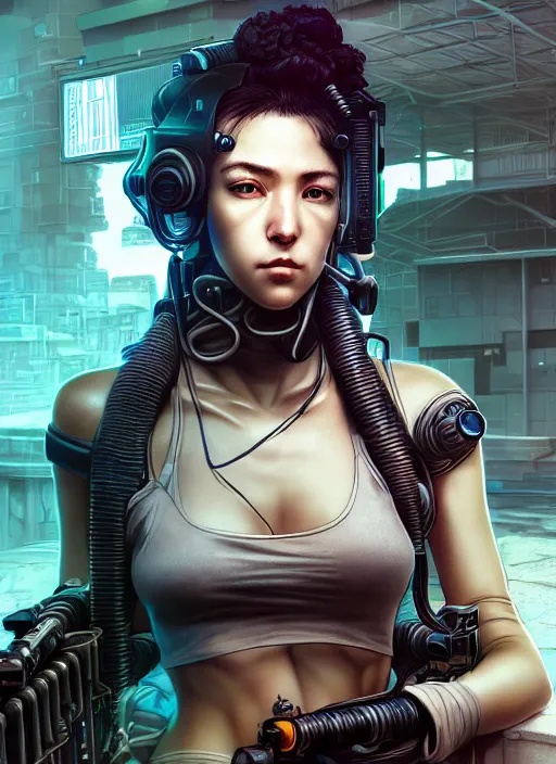 Image similar to the portrait of lawful neutral female cyberpunk marine sniper as absurdly beautiful, gorgeous, elegant, young gravure idol, an ultrafine hyperdetailed illustration by kim jung gi, irakli nadar, intricate linework, bright colors, octopath traveler, final fantasy, unreal engine 5 highly rendered, global illumination, radiant light, detailed and intricate environment