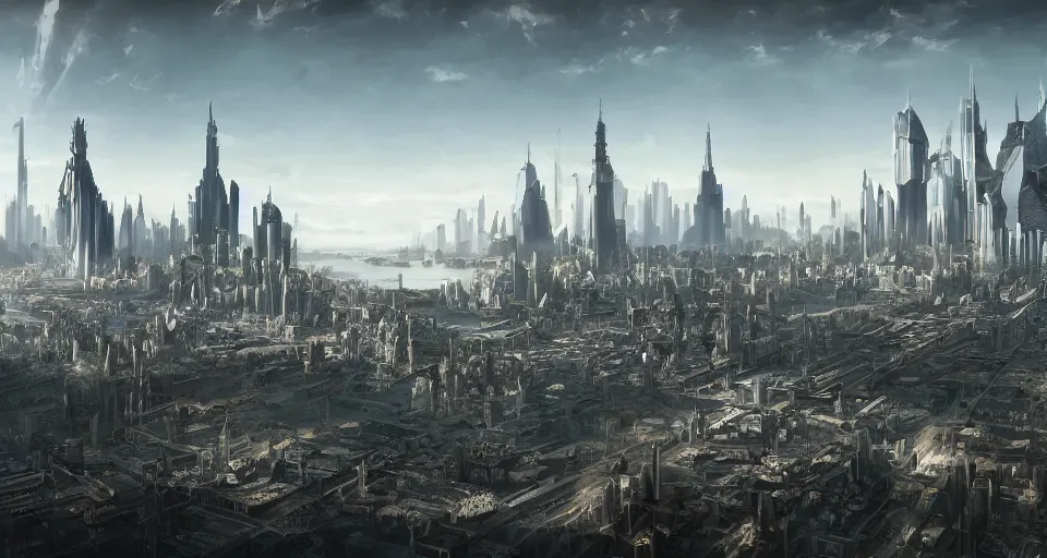 Prompt: view on futuristic city in the horizon, in style of middleages, detailed, sharp, 8 k