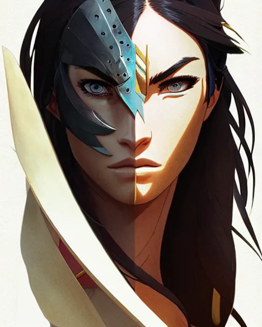 Image similar to azctec warrior, megan fox, detailed perfect face, exquisite details, fire magic, mid view, design on a white background, by studio muti, greg rutkowski makoto shinkai takashi takeuchi studio ghibli