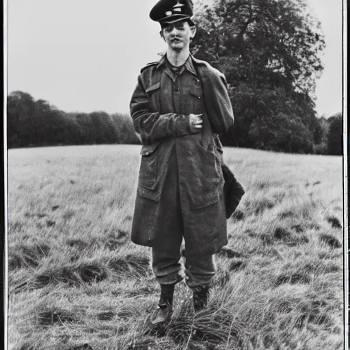 Prompt: a photograph of 1 9 4 0 s soldier in countryside england photo by lillian bassman