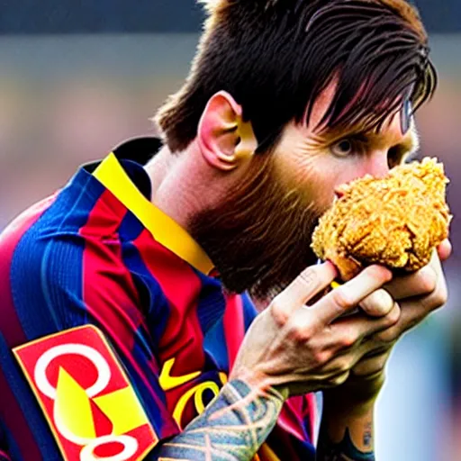 Image similar to lionel messi with a majestic beard eating a kfc zinger by yaacov agam