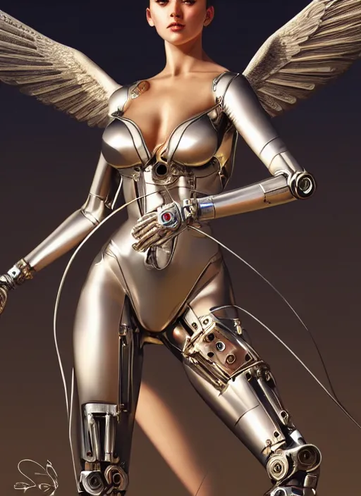 Image similar to photo of a gorgeous young mechanical angel woman in the style of stefan kostic, realistic, sharp focus, 8 k high definition, insanely detailed, intricate, elegant, art by stanley lau and artgerm