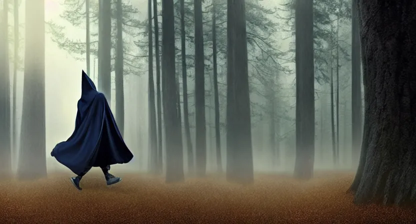 Prompt: handsome mage running away from giant tree, black hair wearing square hooded gothic navy cloak with gold details, misty forest, movie action still frame, ultra wide horizon, intricate, elegant, highly detailed, hyperrealism, digital painting, concept art, smooth, sharp, focus, illustration, art by artgerm, greg rutkowski, ilya kuvshinov
