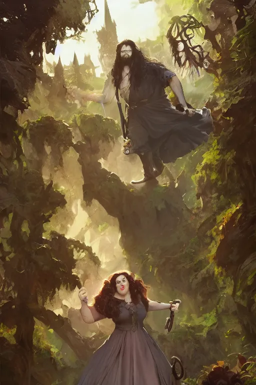 Prompt: hagrid the viking and gothic medieval morticia addams walking in enchanted forest with flowers, greg manchess painting by sargent and leyendecker, fantasy medium shot asymmetrical intricate elegant matte painting illustration hearthstone, by greg rutkowski by greg tocchini by james gilleard